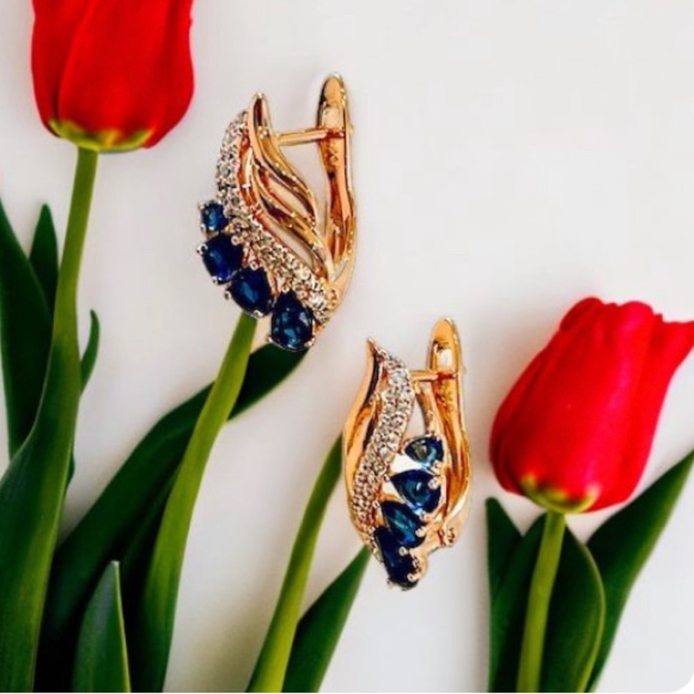 Vintage Water Drop White and Blue Cubic Zircon Rose Gold Plated Women Earrings - Picture 2 of 5